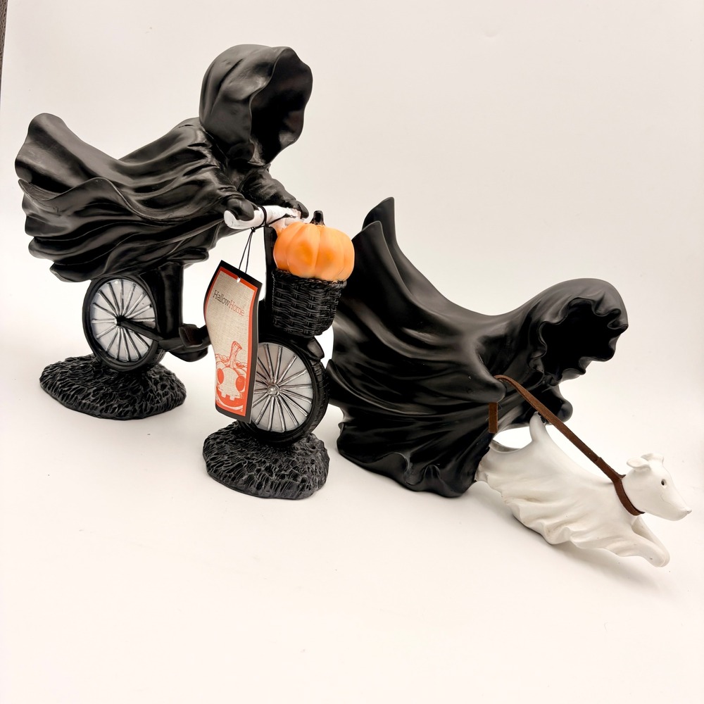 Hallow Home Halloween Reaper on Bicycle & Reaper Walking Ghost Dog Figurine Set